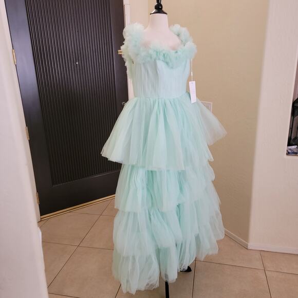 Mac Duggal 20570 Mint Green Off Shoulder Tiered Tulle Ball Style Gown Dress 12 - Picture 4 of 10